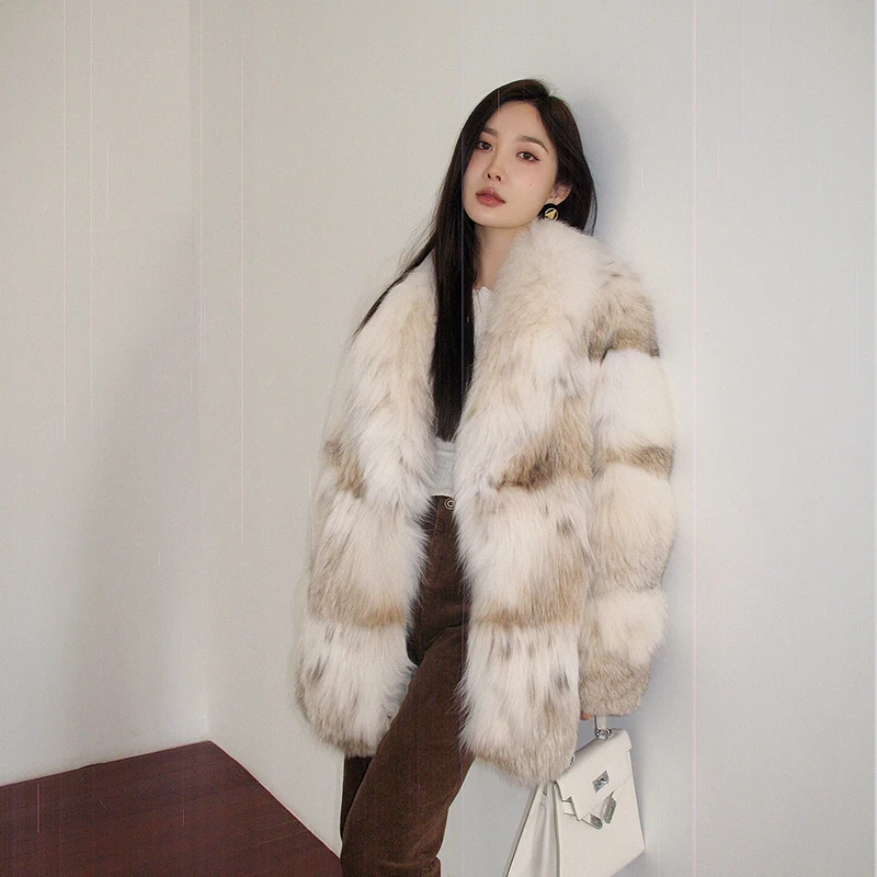Ftangaiur New Winter Import White Lynx Cat Bobcats Turn-Down Collar LYNX Natural Fur Coats Women Medium Real LYNX Fur Coats
