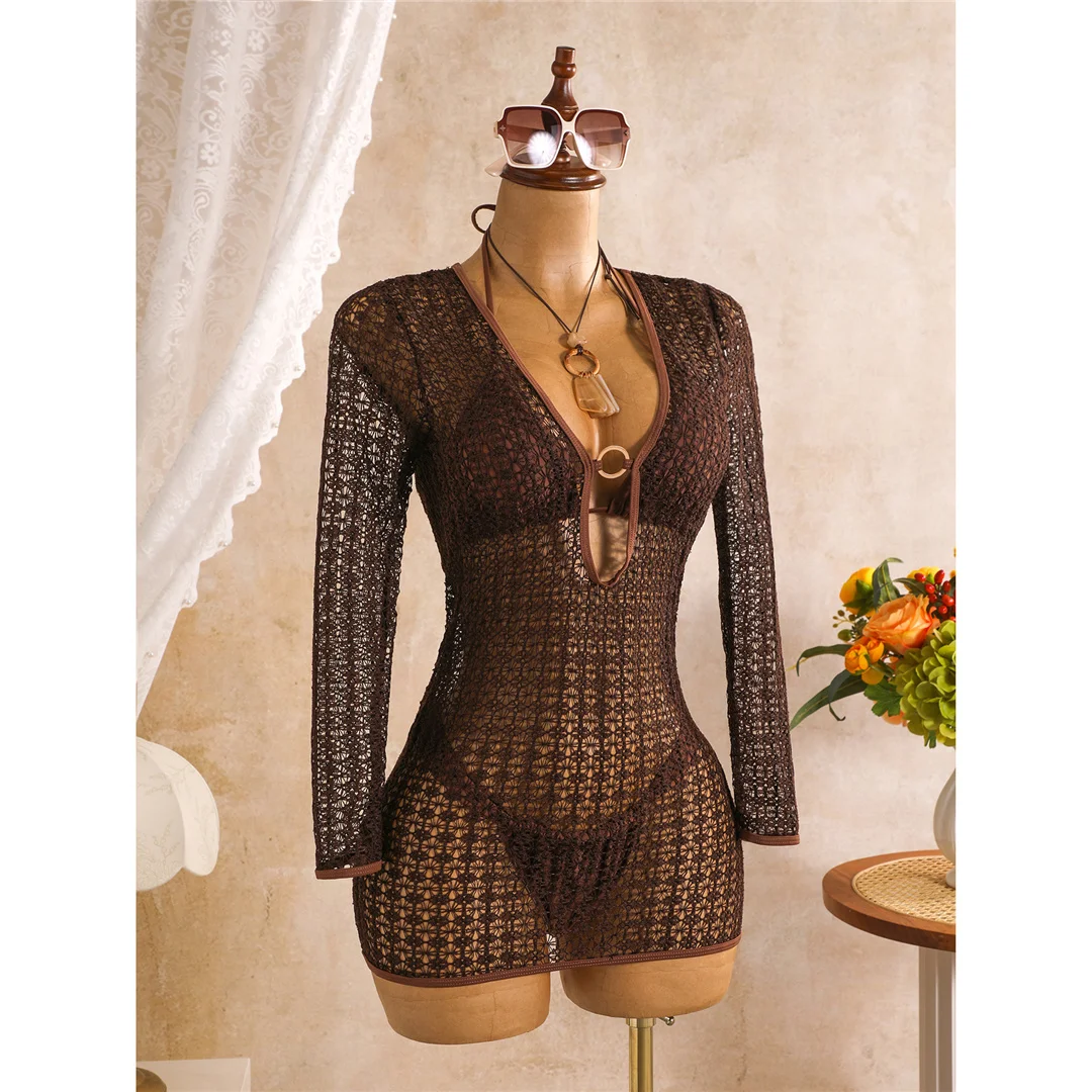 Mit langen Ärmeln, als Überwurf, Neckholder-Bikini, Damen-Badebekleidung, dreiteiliges Bikini-Set, Badeanzug, Badebekleidung, Schwimmbekleidung V8423 – Detail 3