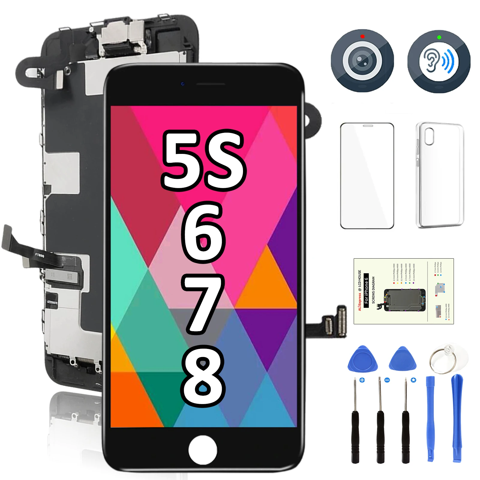 Full Set Screen For iPhone 5 5S 6 6S 7 8 Plus LCD Display Replacement Kit Touch Digitizer Complete Assembly with Front Camera