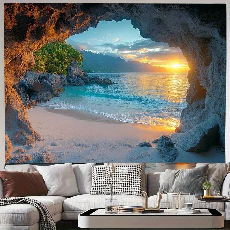 1pc Cave Seaside Sunset Knit Fabric Tapestry - Polyester Peach Skin Velvet Thin Wall Hanging, No Electricity Indoor Tapestry for