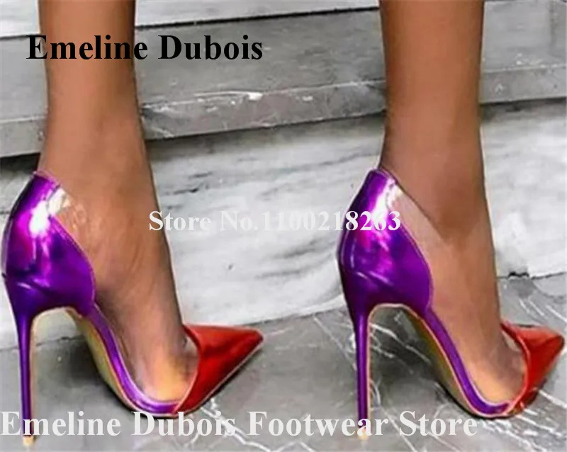 PVC Patchwork Pumps Emeline Dubois Designer Pointed Toe Clear Transparent Stiletto Heel Dress Shoes Slip-on Party Club Heels