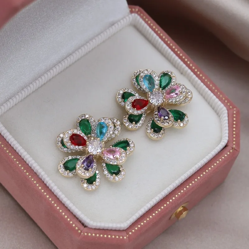 2023 French New Fashion Jewelry 14K Gold plated Exquisite Zircon Double Layer Flower Earrings Elegant Women's Party Accessories