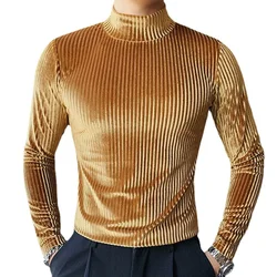 2024 New Gold Velvet T Shirt Men Clothing Fashion Male Luxury Dance Party Bar KTV Long-sleeved Striped Pullover Homme