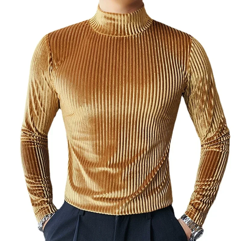 2024 New Gold Velvet T Shirt Men Clothing Fashion Male Luxury Dance  Party Bar KTV Long-sleeved Striped Pullover Homme