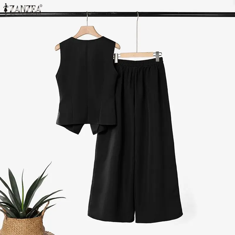 ZANZEA Women Summer Elegant 2 Piece Pant Sets Old Money Vest & Wide Leg Pant Suits Minimalist Office Commute 2pcs Sets Outfits