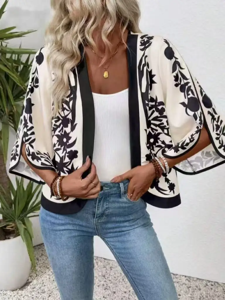 

Women's Retro Positioning Print Split Cuff Cardigan Top Jacket