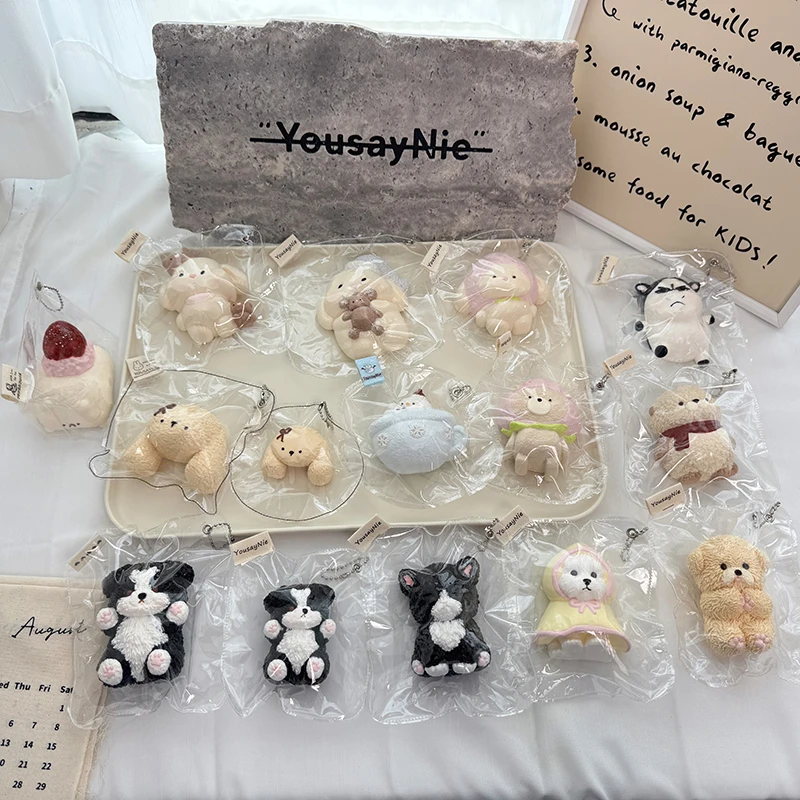 YousayNie Handmade realistic animal-themed squishies—featuring a puppy, rabbit, sea otter, cow, bear, and a snowman in a teacup.