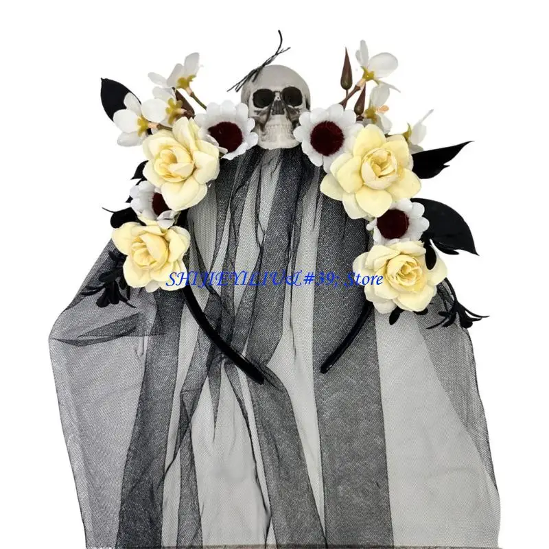 E21F Witch Headpiece Skull Flower Hairhoop For Halloween Day Of The Dead Celebration Veil Hairband for Cosplay