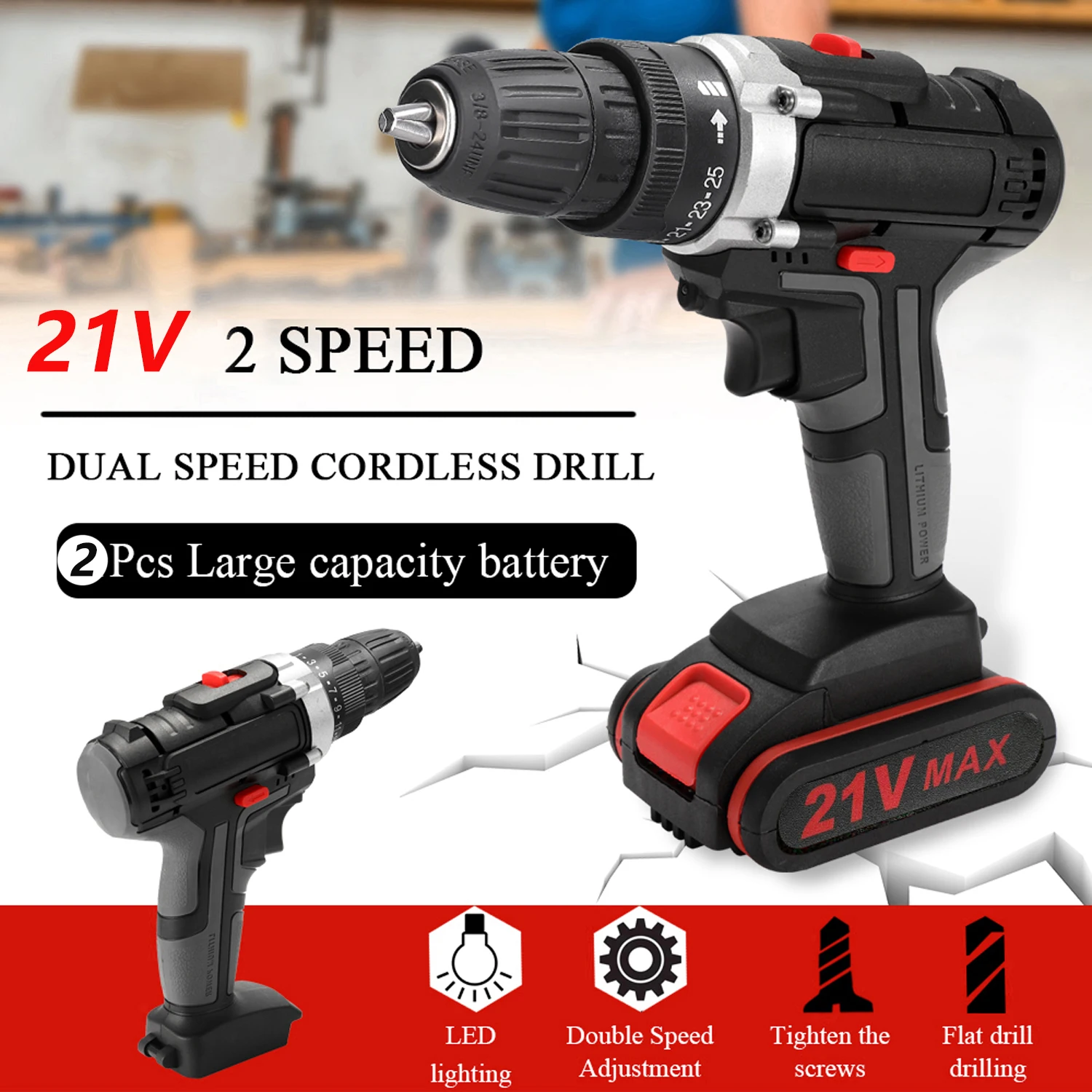 21V Electric Cordless Drill Multifunctional High-power Lithium Battery Wireless Rechargeable Hand Drills Home DIY Electric Tools