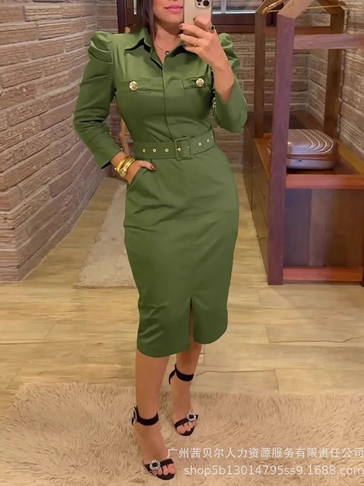 

Women Elegant Turn-Down Collar Midi Dresses Autumn Long Flutter Sleeve Slim Fit Mid-Calf Dress With Slit Fashion Female Vestidos