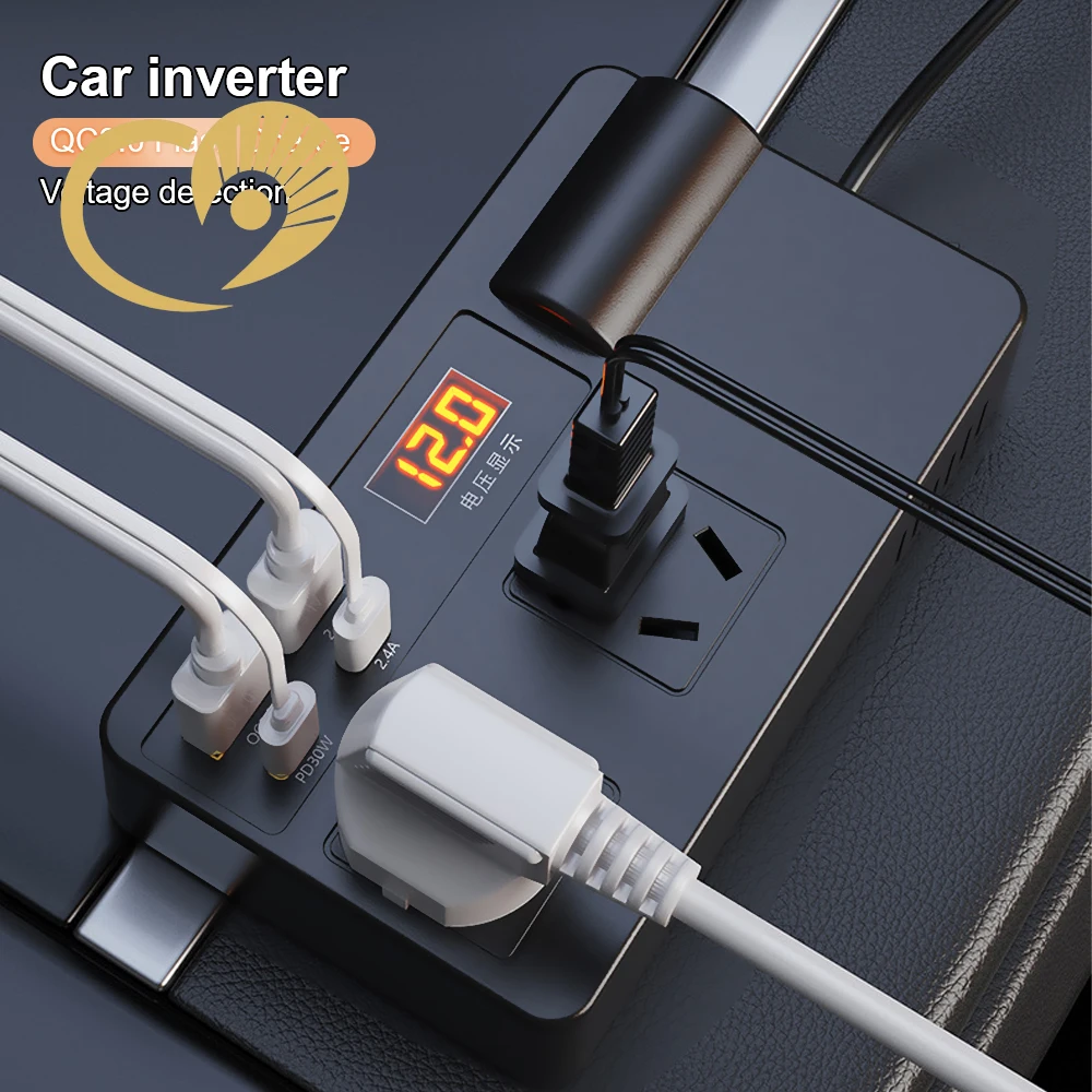 Car Inverter Power Adapter 200W DC 12V/24V to AC 220V Converter QC 3.0 USB/PD/Type-C Chargers Voltage Detection ON/OFF Switch