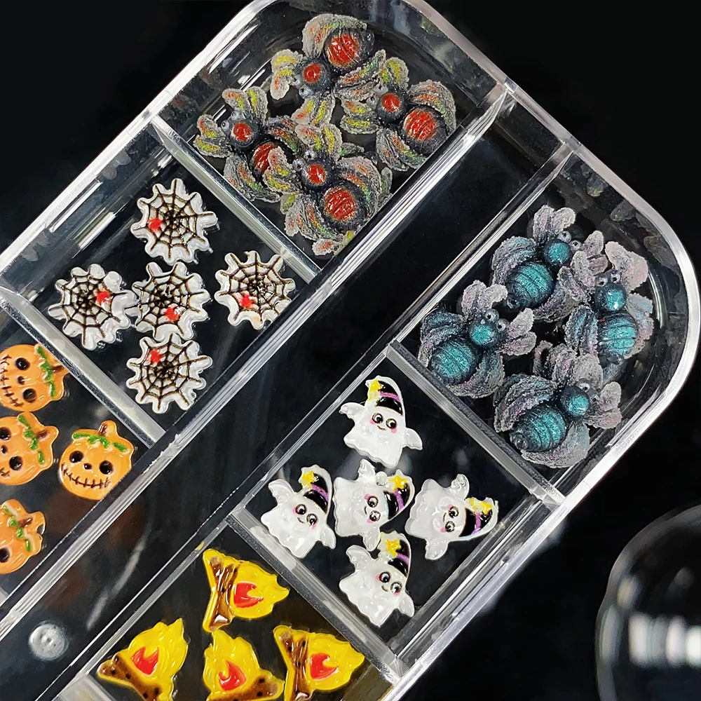 60pcs/box 3D Gothic Bat Spider Pumpkin Halloween Nail Charms Cute Ghost Dog Nail Rhinestones 12grid Halloween Nail Art Supplies