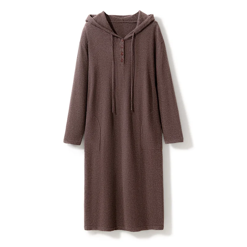 

High-end New 100% Cashmere Sweater Long Dress Women Long Sleeve Knitted Dresses Female Solid Color Thick Fashion Hooded Pullover