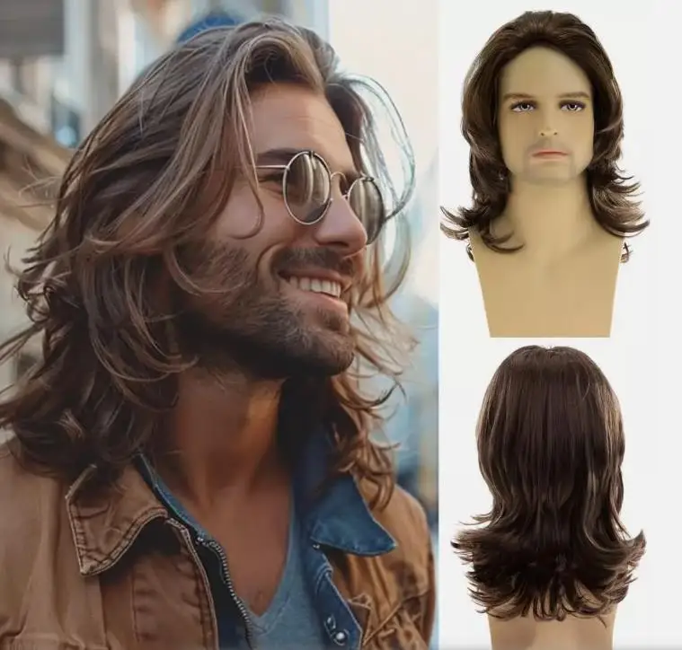 

Long Wavy Brown Wigs for Men Natural Layered Rocker Style Cosplay Hair Wig