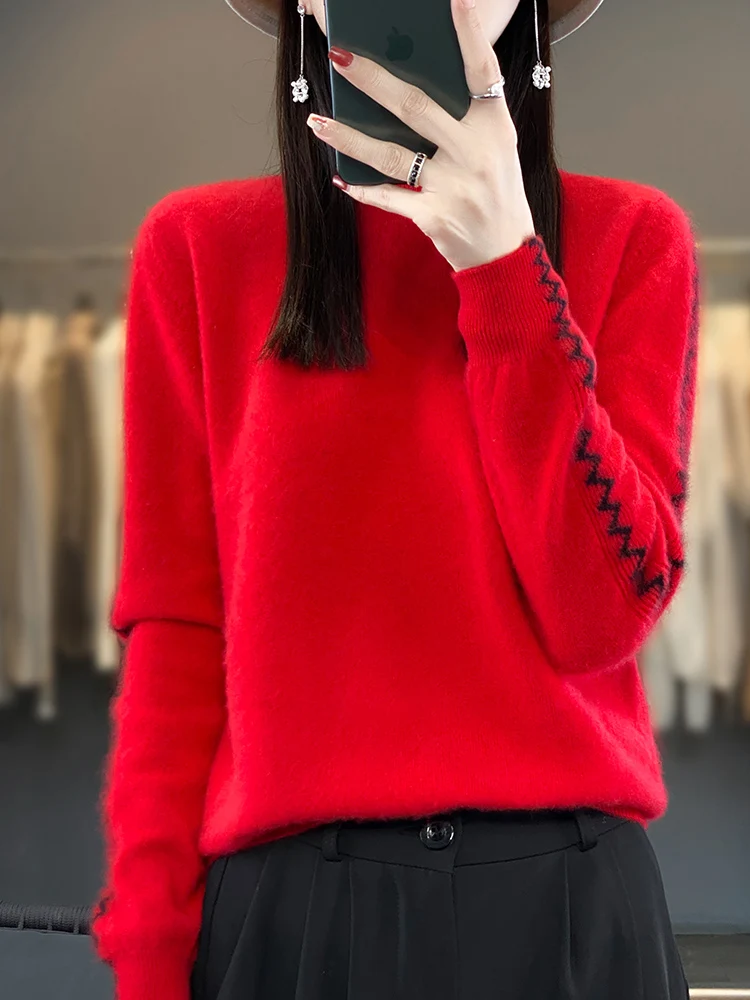 High-quality Long Sleeve Mock-Neck Pullovers 100% Merino Wool Women Sweater Autumn Winter Warm Slimming Effect Female Clothing