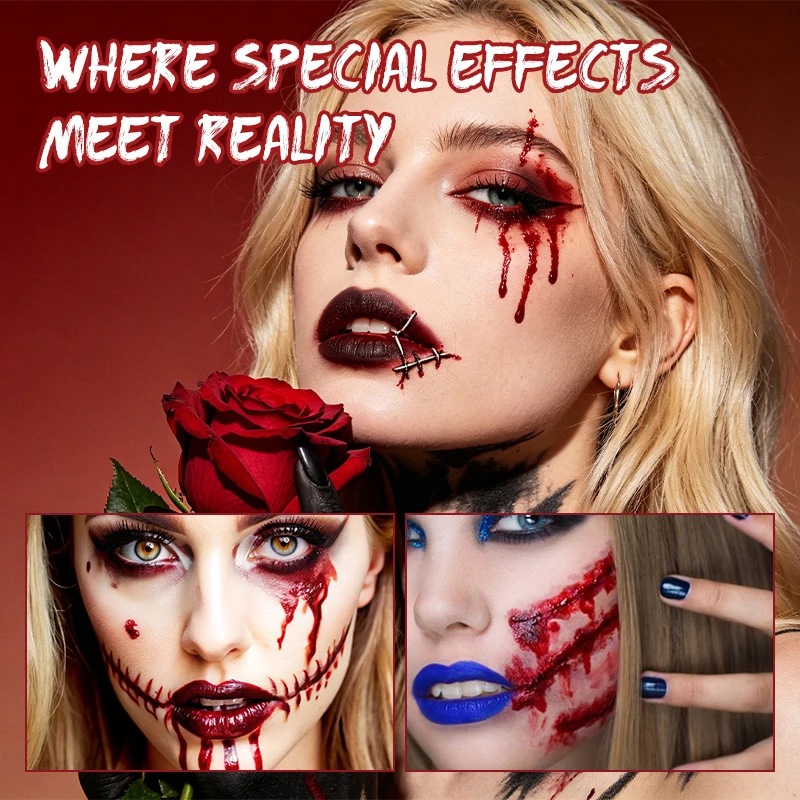 Halloween Vampire Fake Blood Spray with Stippling Sponge, Washable Realistic SFX Stage Blood for Zombie Vampire Cosplay Wound