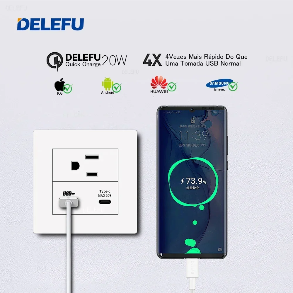 DELEFU86 타입 PC 백색 난연성 패널, 미국 표준 벽 소켓 스위치, 고속 충전, 20W USB C 타입 소켓