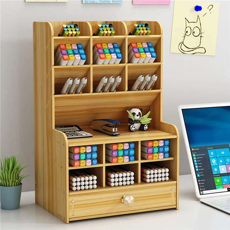 Creative Wooden Pen Holder Office Desk Pen Organizer Stationery Storage Box Makeup Display Stand Home Office Storage Accessories