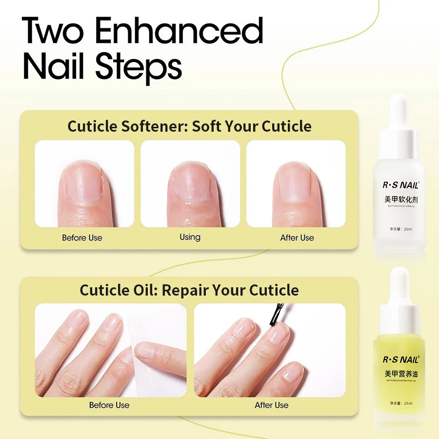 RS NAIL 25ml Rimozione cuticole e riparazione olio per cuticole Kit per la cura delle unghie Olio nutriente per cuticole per unghie Nutre e strumento per manicure danneggiato