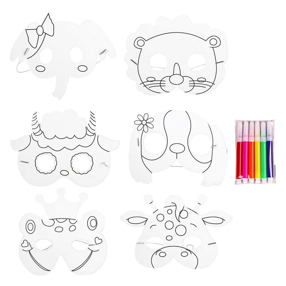 1세트 손으로 그린 동물 얼굴 마스크 DIY 페인팅 공예 어린이 파티 선물 창의적인 동물 마스크 어린이 생일용