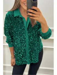 Spring Autumn Casual Shiny Sequin Women's Shirt Elegant Office Lapel Long Sleeved Top Fashion Single Breasted Club Party Blouses