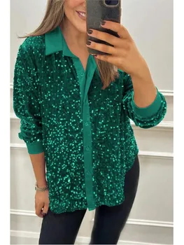 Lente Herfst Casual Glanzende Pailletten Damesshirt Elegant Kantoor Revers Lange Mouwen Top Mode Single Breasted Club Party Blouses