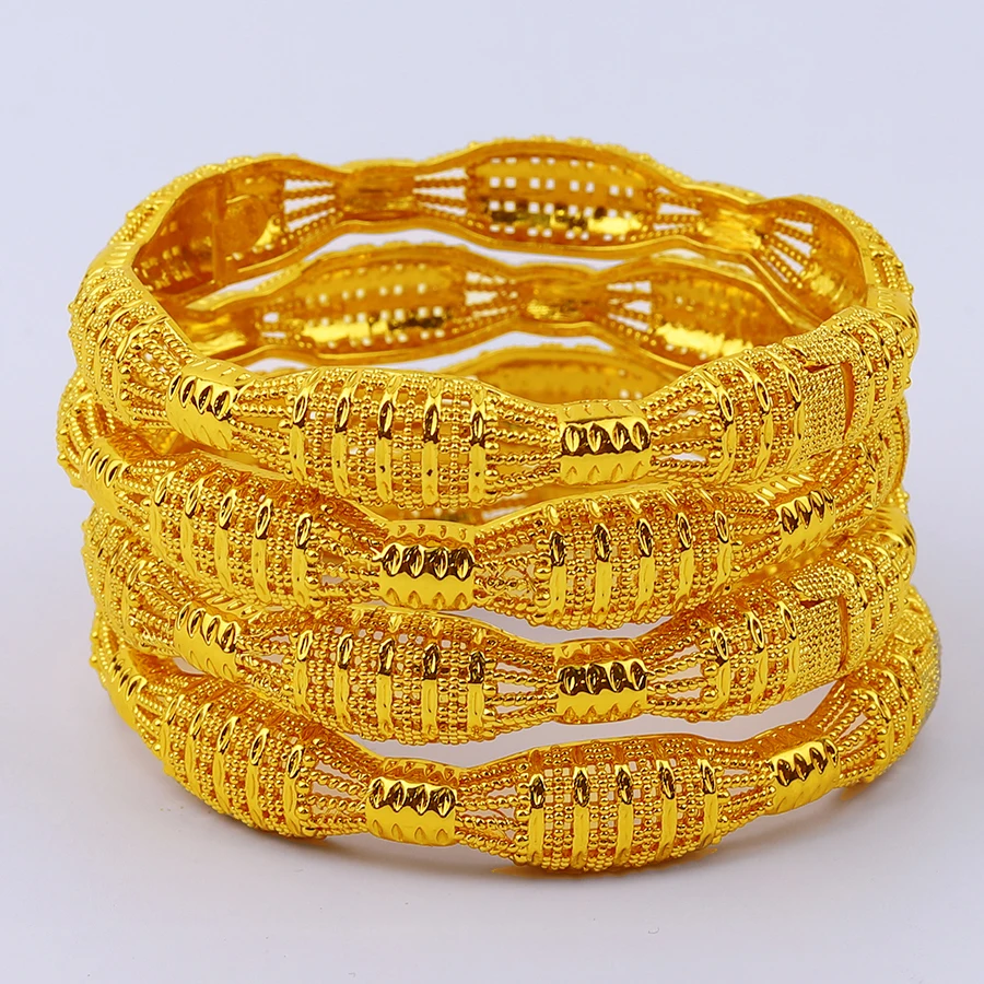 4pcs 24K Bangles Ethiopian Dubai Trendy Bangles for Women,Arab African Gold Color Bracelet Jewelry, Middle East Wedding Gifts