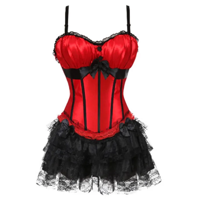 Sexy Corset Dress Red Strip Corset and Lace Mini Short Skirt Straps with Cup Lingerie Showgirl Dance Dress Plus Size S-2XL