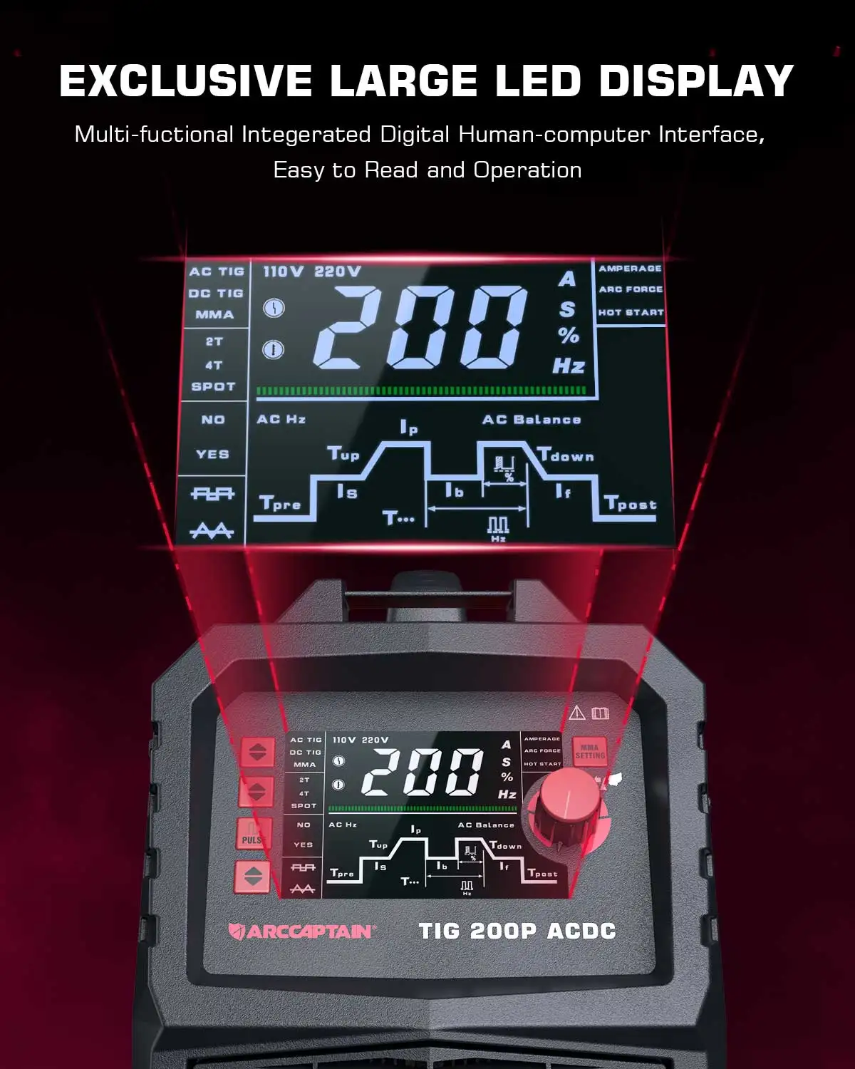 ARCCAPTAIN 7 in 1 Tig AC/DC Welding Machine 220V 200A Inverter TIG/StickPulse Aluminum Square/Triangular Wave/Spot MultiProcess