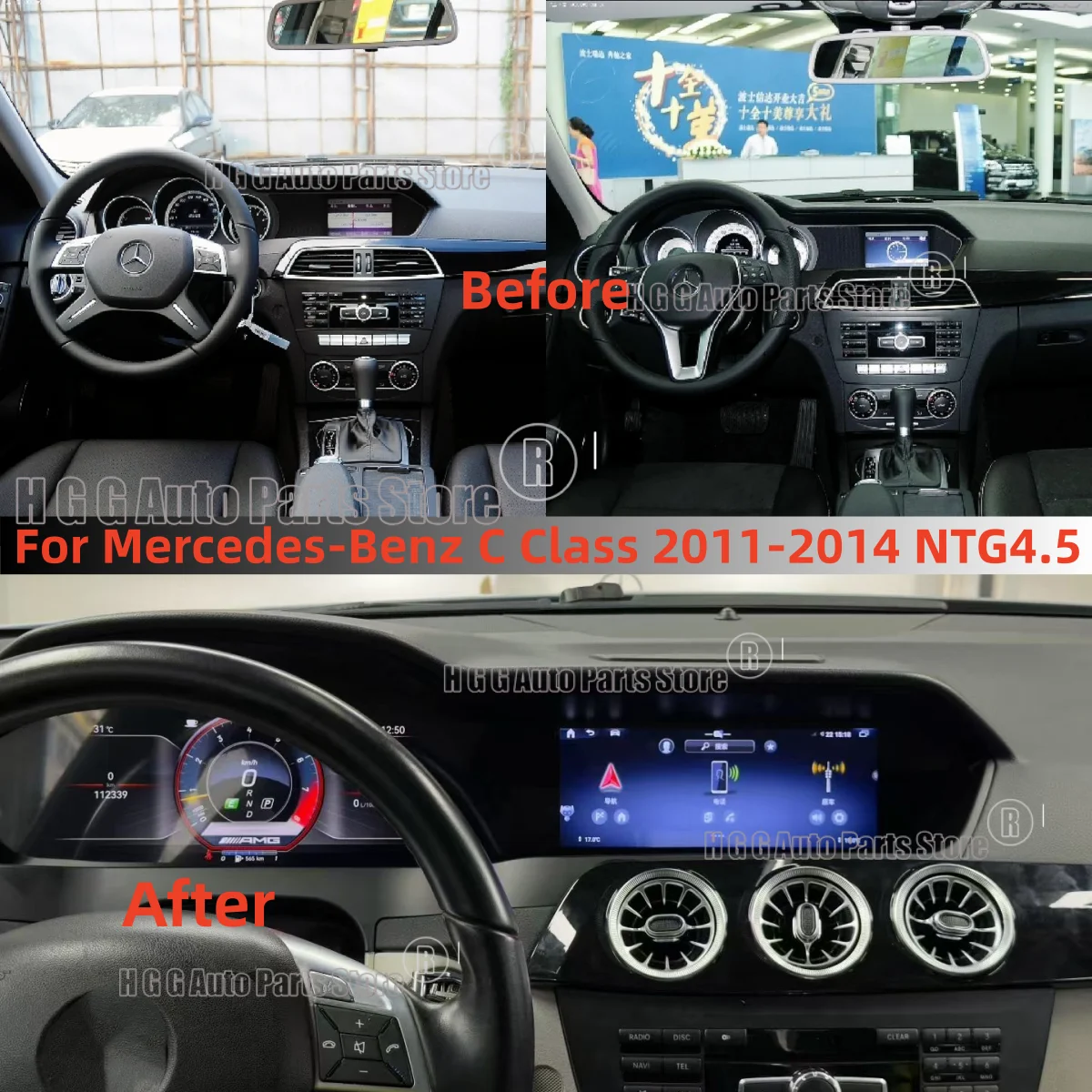 Ultra Clear Dual HD Touch Screen 12.3 Inch Android 14 Head Unit Wireless CarPlay Car Radio For Mercedes Benz C W204 2011-2014