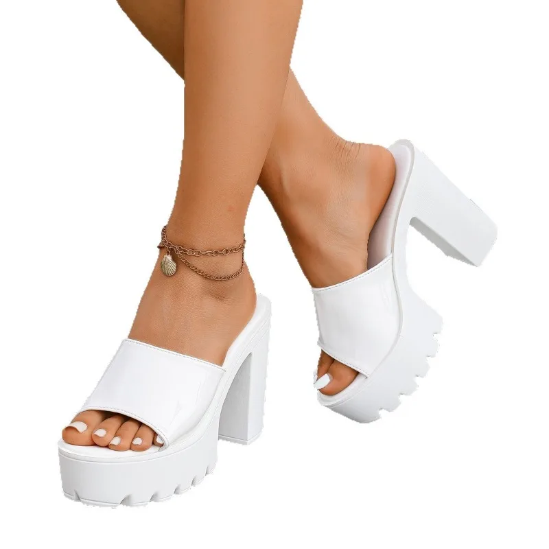 

2026 Summer Square Heel Platform Mules Women Outdoor Slippers Peep Toe Slip on Sandals Shoes Slingbacks Black Great Quality