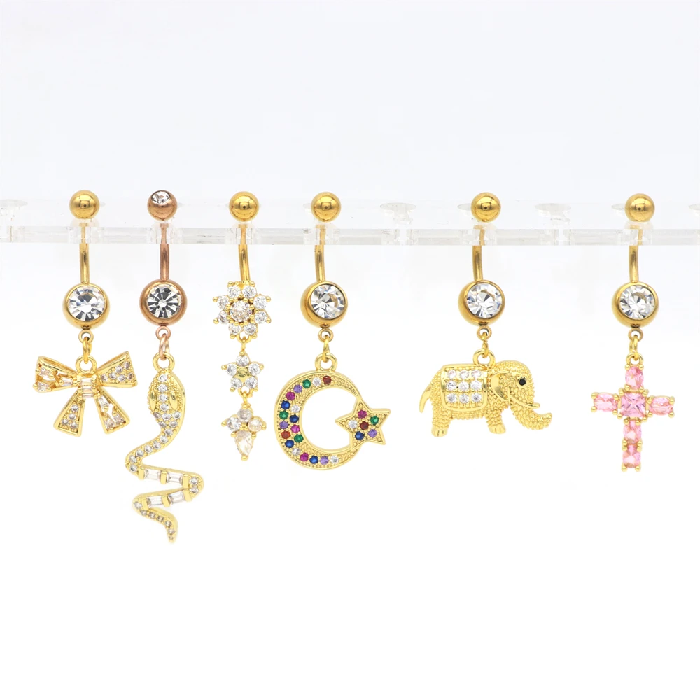 

20pcs Crystal CZ Belly Bar Navel Ring Star Heart Cross Pendant Butterfly Snake Cross Pink Fashion Women Jewelry Flower