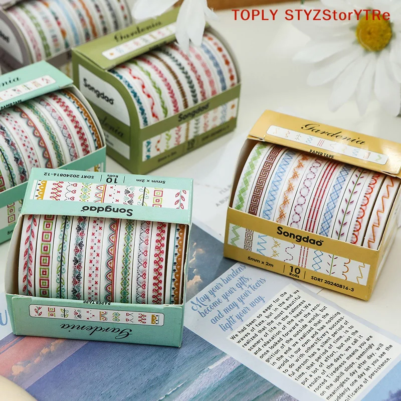 10 Rolls/box Plant Flower Washi Paper Tape Geometric Line Pattern Decoration Material Tape Stationery Gifts For Friends