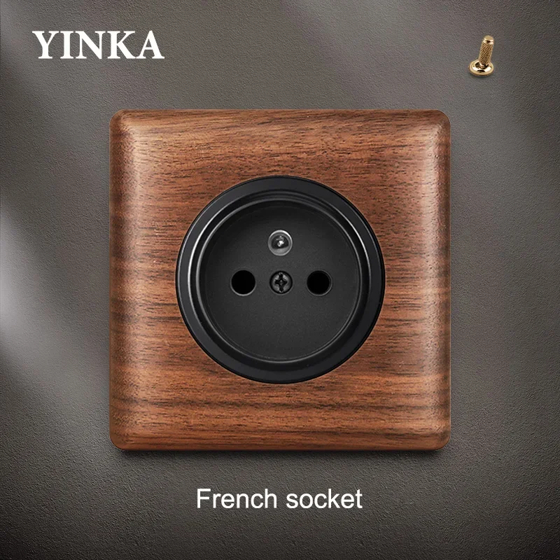 YINKA Wood Brass Toggle Light Switch Panel Home Retro LED Indicator EU FR UK TV TEL Electrical Sockets Vintage Sockets 86mm*86mm