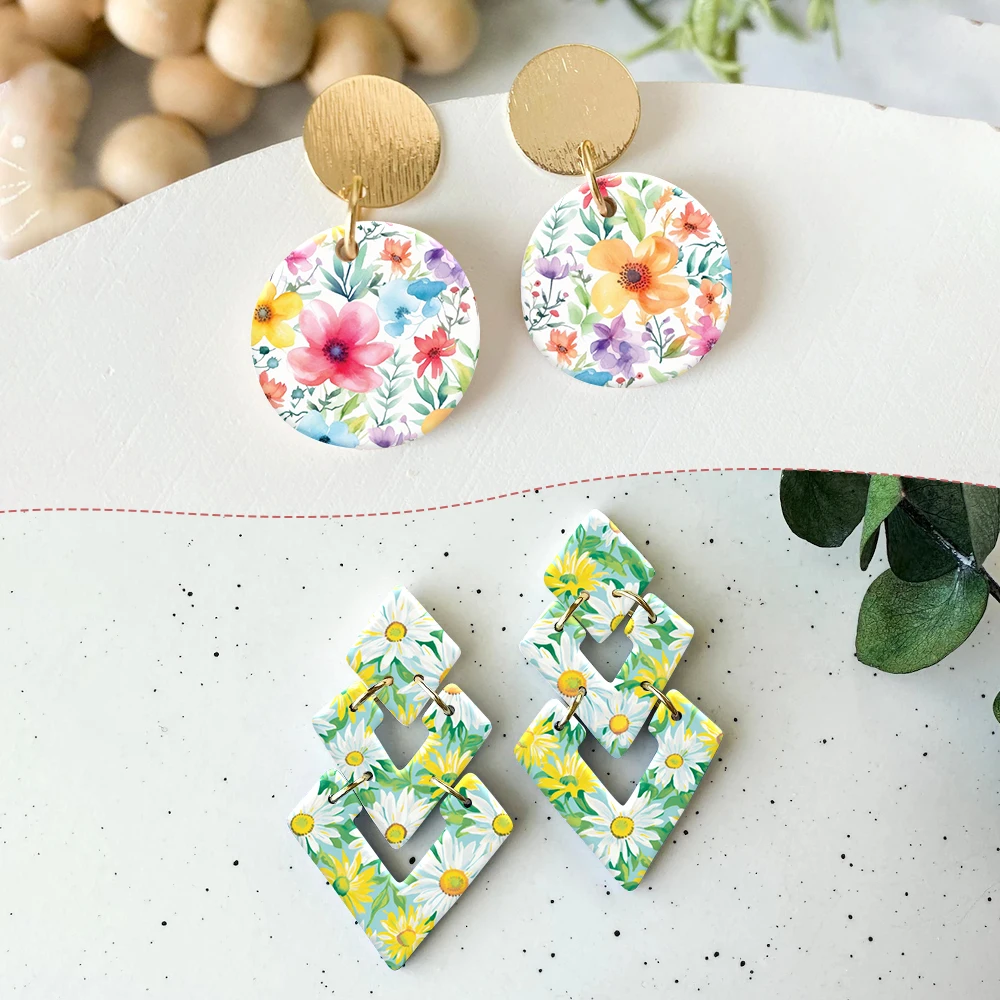 Peinture à l'huile florale marguerite motif lavande boucles d'oreilles en céramique douce autocollant jetable Soluble dans l'eau pour bricolage fabrication de bijoux décalcomanie