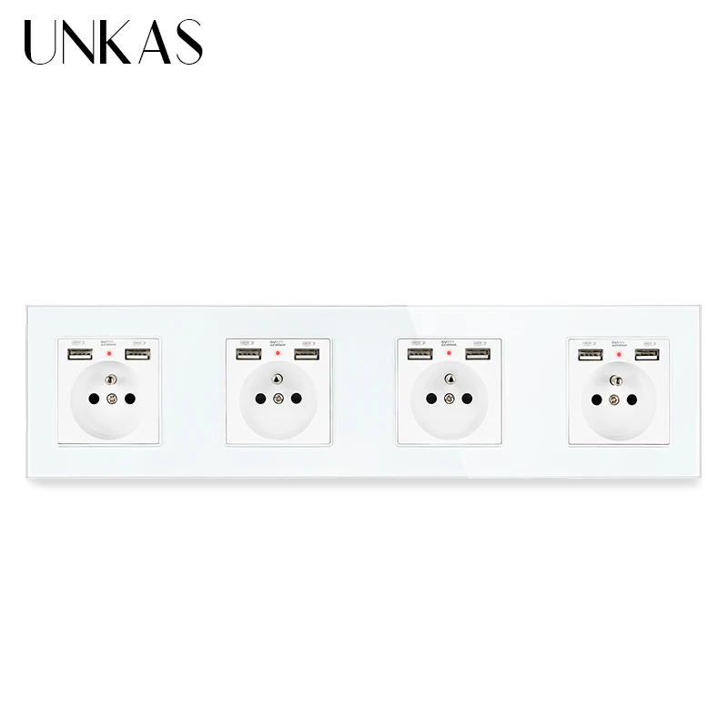 UNKAS Gold Wall Crystal Glass Panel 4 Gang Power Socket Grounded 16A French Standard Outlet With 8 USB For Mobile Phone