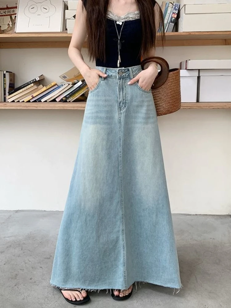 Denim Skirts Women Solid A-line Spring Autumn Minimalist Vintage Long Skirt Korean Fashion Versatile Elegant Faldas Mujer