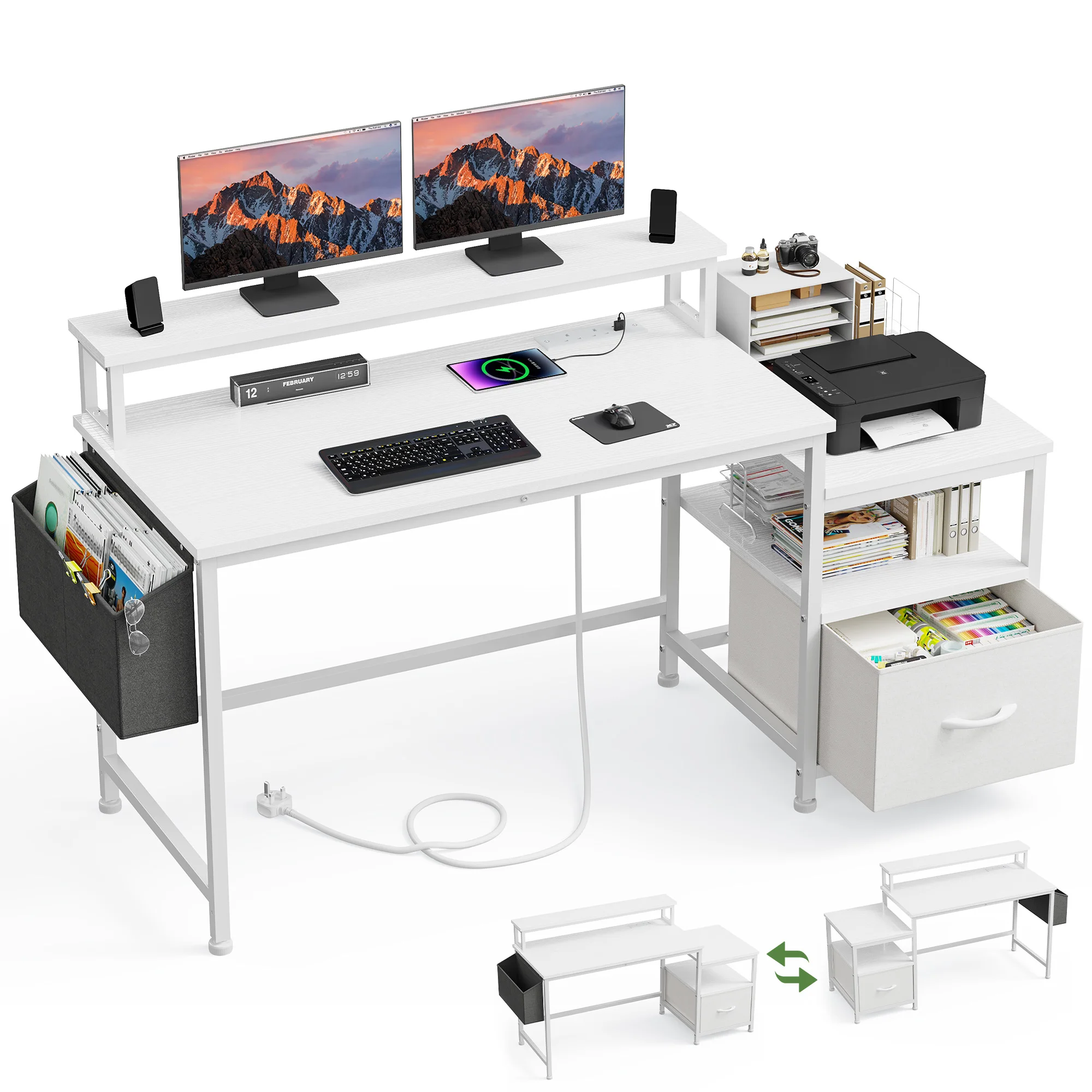 

EnHomee 40 Inch Home Office Computer Desk with Vertical Monitor Stand, Study Writing and Gaming Desk with Charging Station & Storage Cabinet