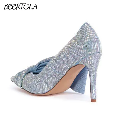 Women's Diamond-Covered Luxury Pumps Stiletto Heels Pointed Toes for Catwalk Bow High Heels Fashionable Large Size High Heels