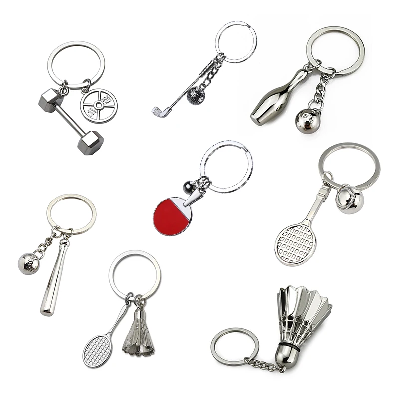 2pcs Alloy Keychain 3D Simulation Badminton Tennis Baseball Dumbbell Golf Bowling Ring Buckle Decor Wallet Sports Lover Gifts