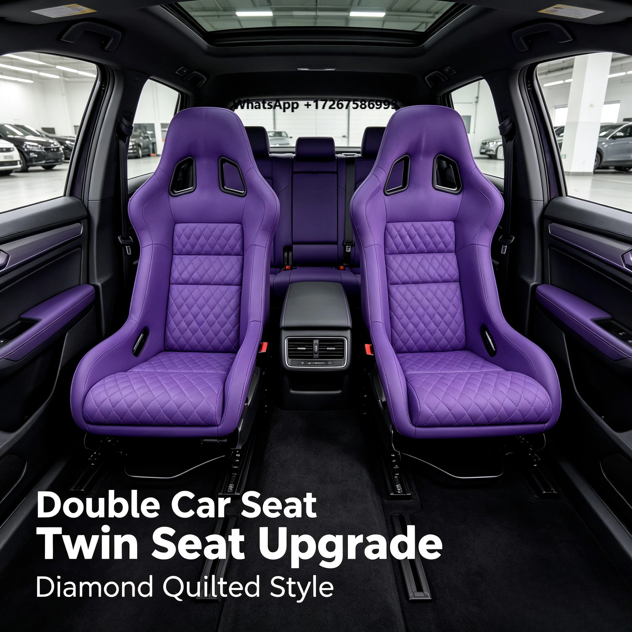 Factory Supply Double Car Seat Purple Diamond Quilted PU Leather Adjustable Twin Seat