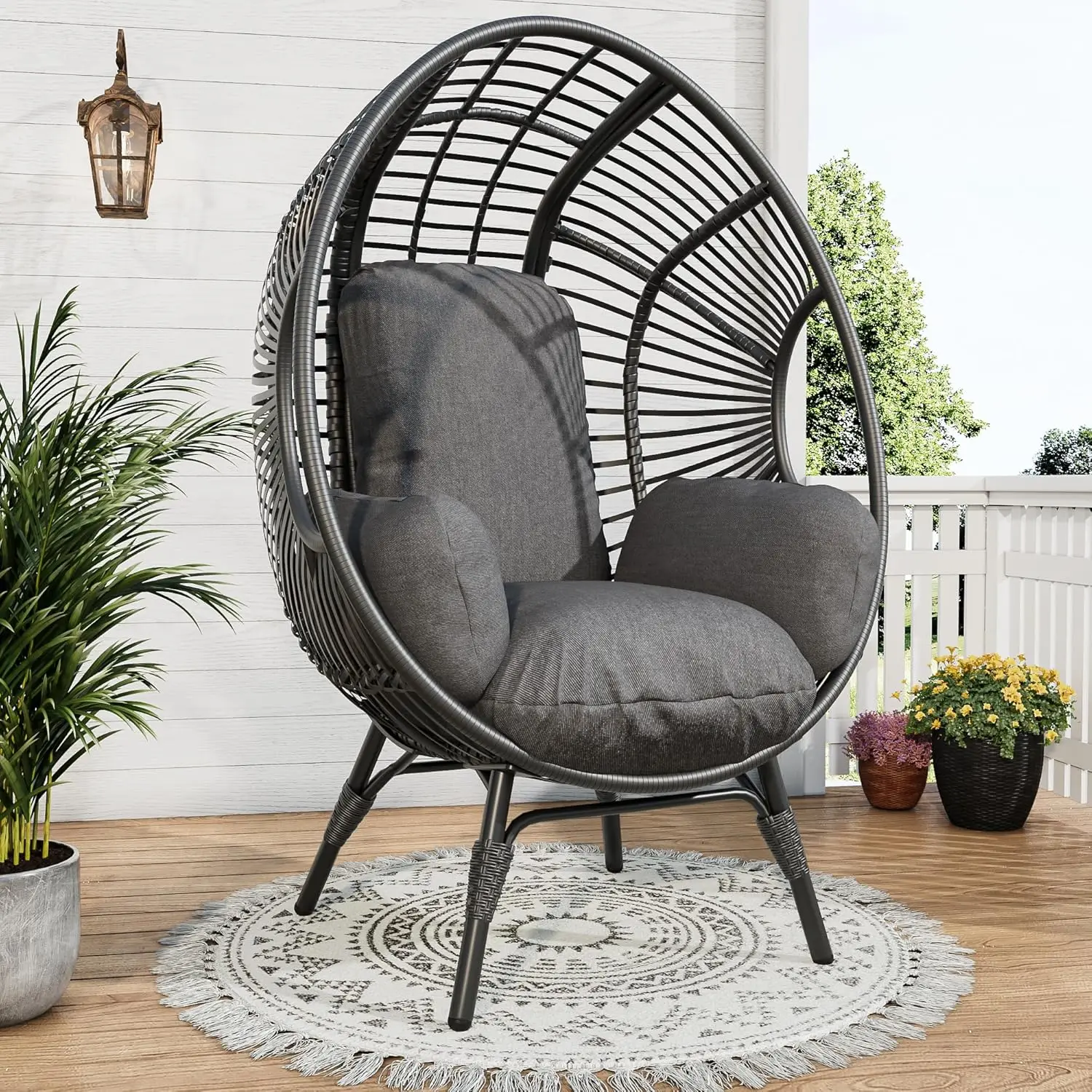 

Oversized Wicker Egg Chair Outdoor Indoor,Patio Lounge Chair with Thicken Cushions, Egg Reading Chair 500lbs Capacity, Backyard