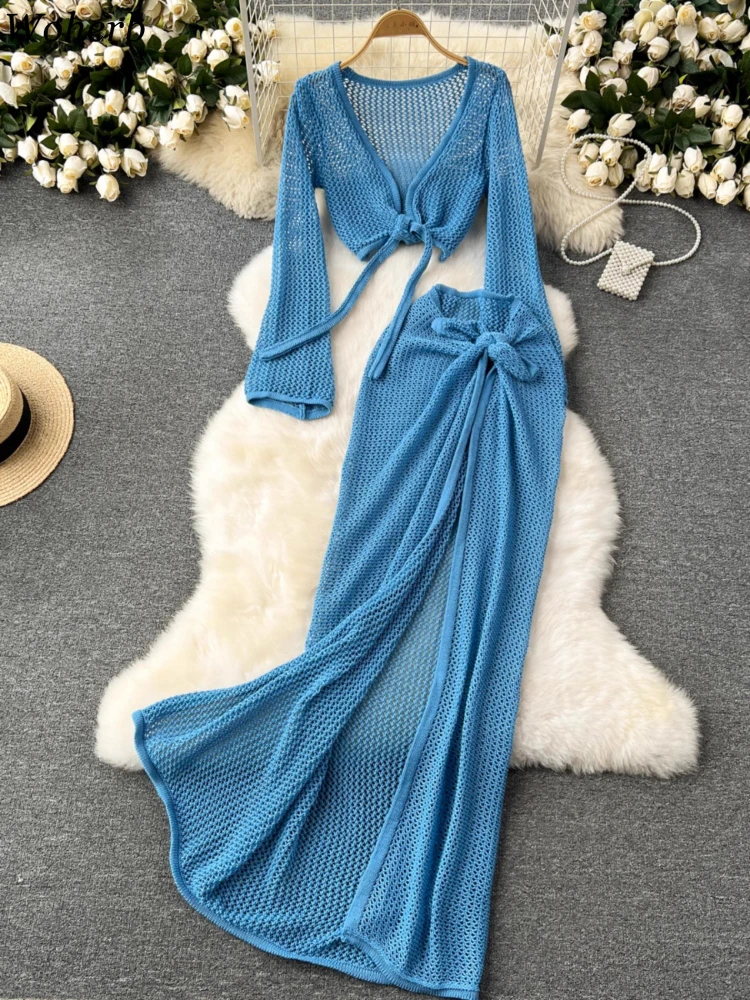 

Women Clothing 2 Piece Sets Womens Outfits Knitted V Neck Bandage Tops High Waist Split Skirt Outfits Chic Korean Summer Suit