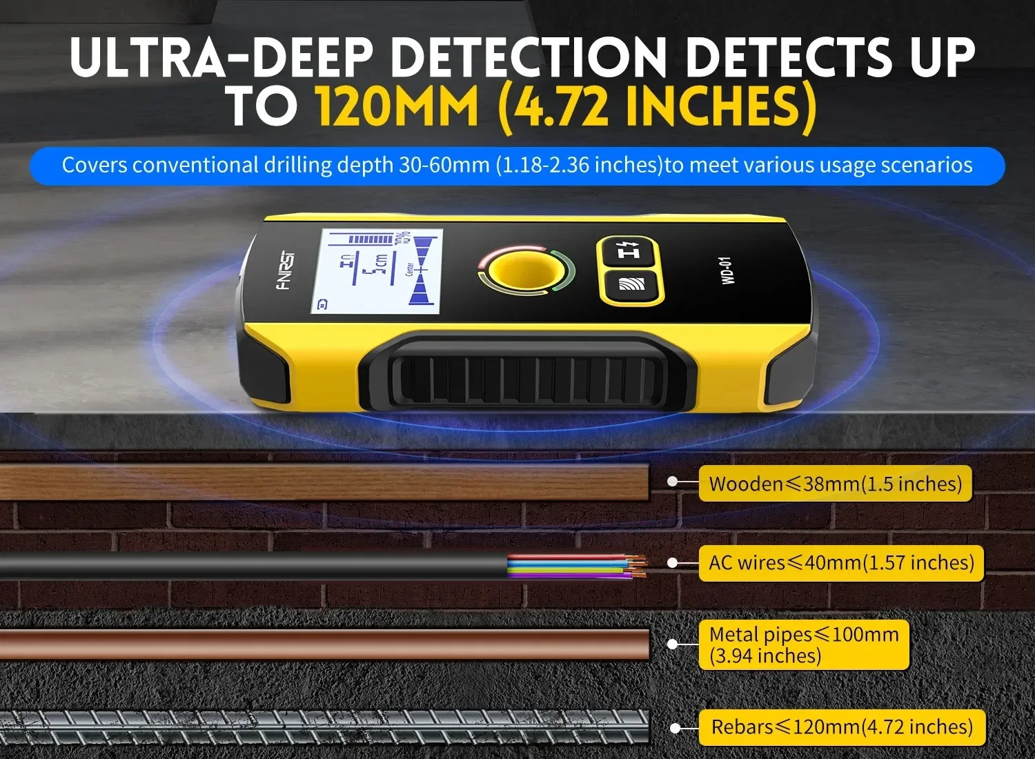 FNIRSI WD-01 WD-02 Wandscanner zur Erkennung von Holz, AC-Kabeln, Metallrohren, Bewehrungsstäben und Bohrlöchern für Dekorationspositionierung – Detail 5