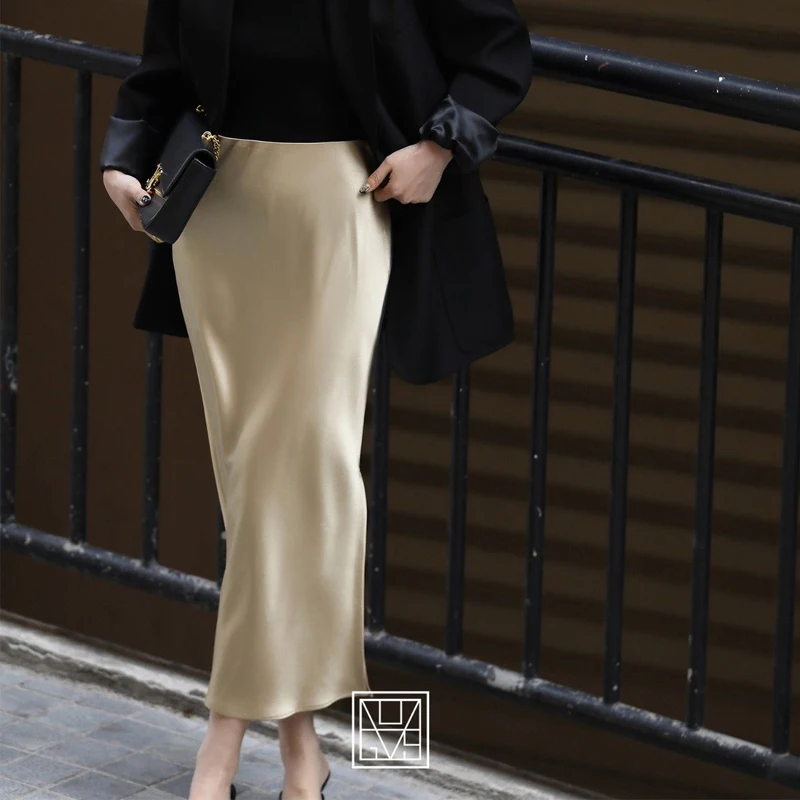 2024 Summer Women Elegant Fashion Satin Vintage High Waist Party Skirts Office Lady Luxury Solid Sexy Split Slim Midi Skirt Saia