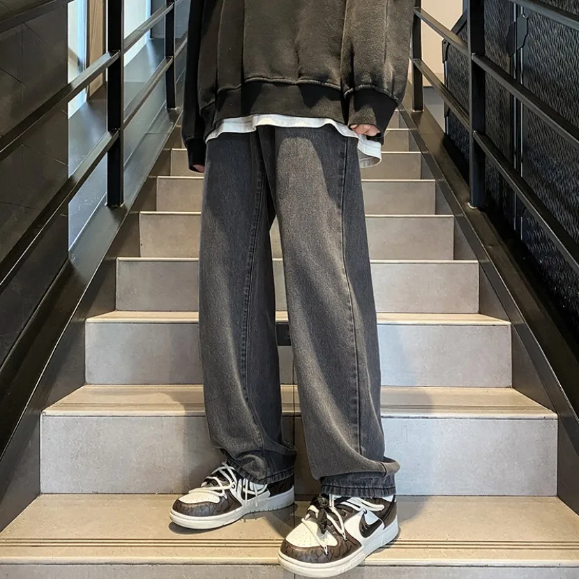 

Мужские прямые повседневные джинсы свободного кроя в стиле High Street, широкие брюки-харланы, весенне-осенние, износостойкие, с эффектом stonewash