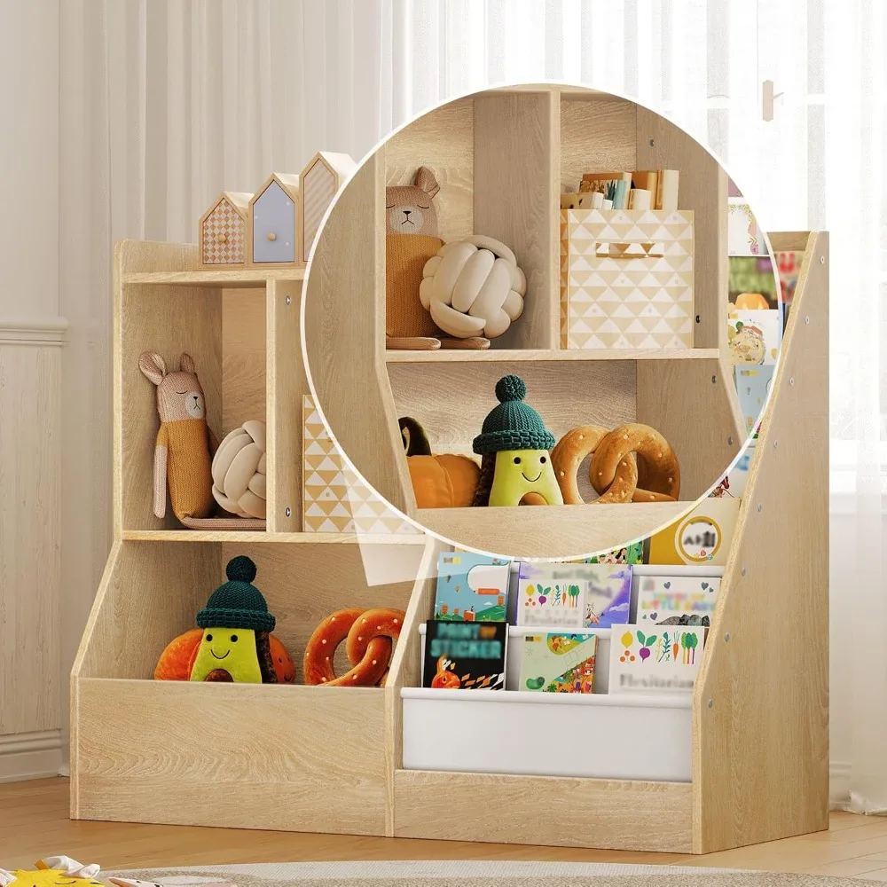 39.4" Kids Bookshelf with 7 Fabric Slings, Toy Storage Organizer for Playroom and Bedroom