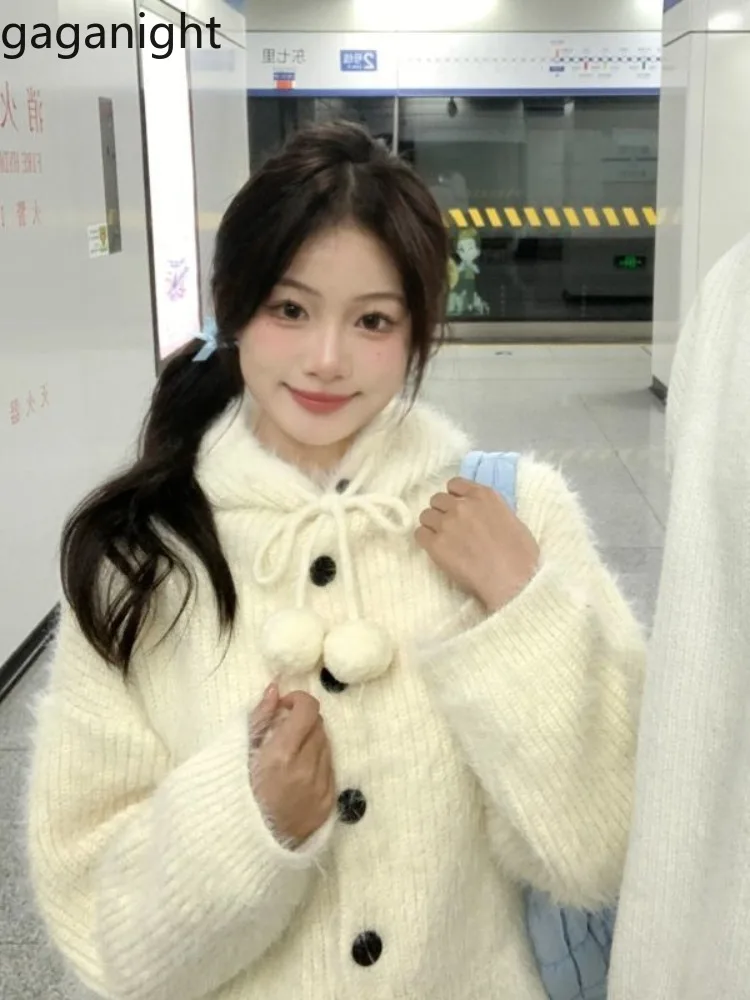 

Gaganight вязаный свитер женский с капюшоном пушистый лоскутный свободный кардиган на шнурке милый осенне-зимний свободный кардиган женский повседневный