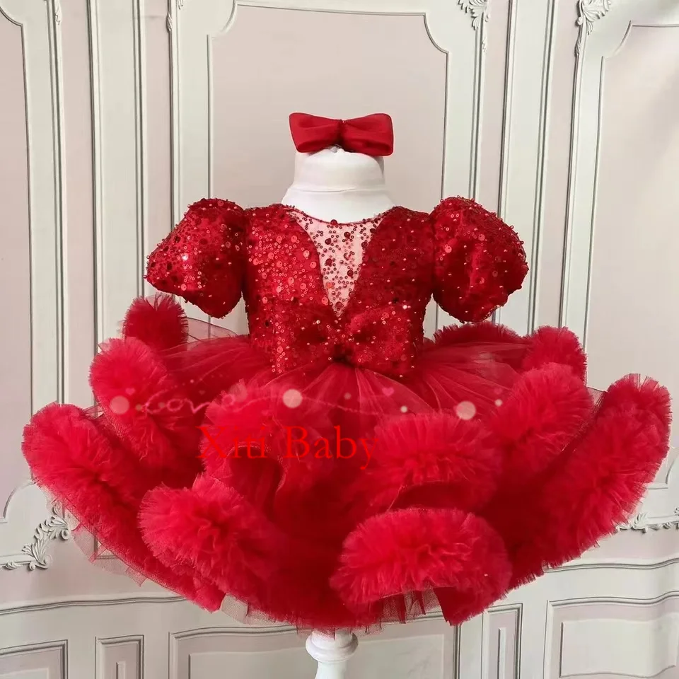 

Glitter Red Flower Girl Dress Ruffles Short Sleeves Scoop Neck Cute Baby Girl Tutu Party Gown Short Graduation Kids Prom Dress