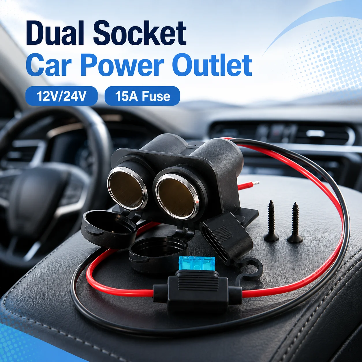 12V Dual Socket Cigarette Lighter Splitter with 15A Fuse for Car Truck RV Marine Power Outlet Adapter